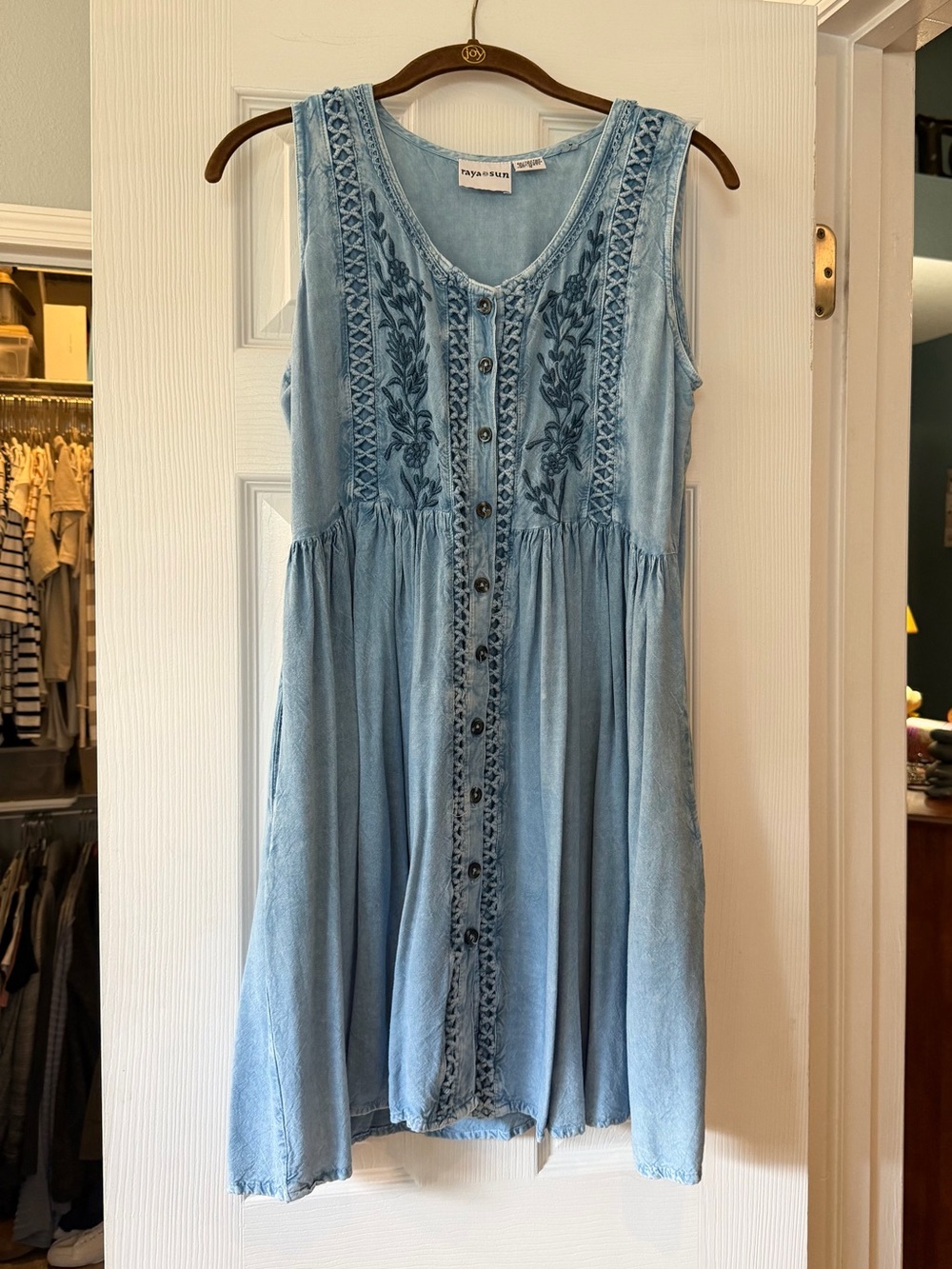 raya sun Light Blue Embroidered Button-Front Chambray Mini Dress